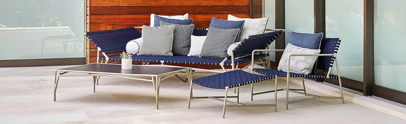 KB Patio Florida brown jordan stretch sofa armchair ottoman coffee table blue